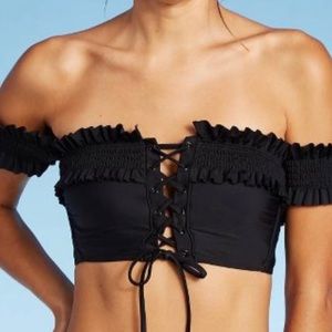 Black off shoulder lace bikini top